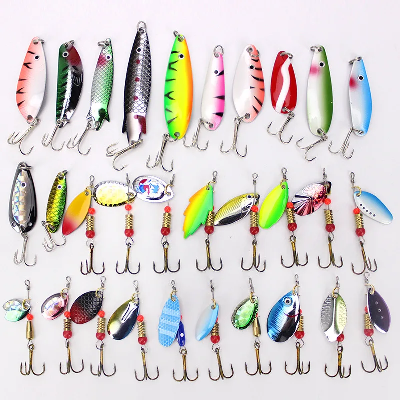 Fishing Lure Kit 30 Pieces Set Compound Bait Salix Leaf Rotating Spinner Bait Spoon Lures Minnow