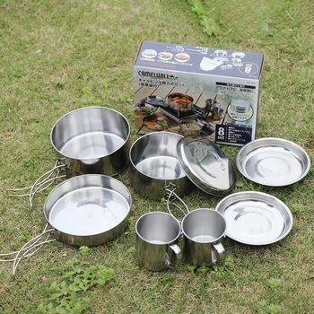 

9 Pcs Stainless Steel Camping Cookware Cooking Picnic Bowl Pot Pan Set Outdoor