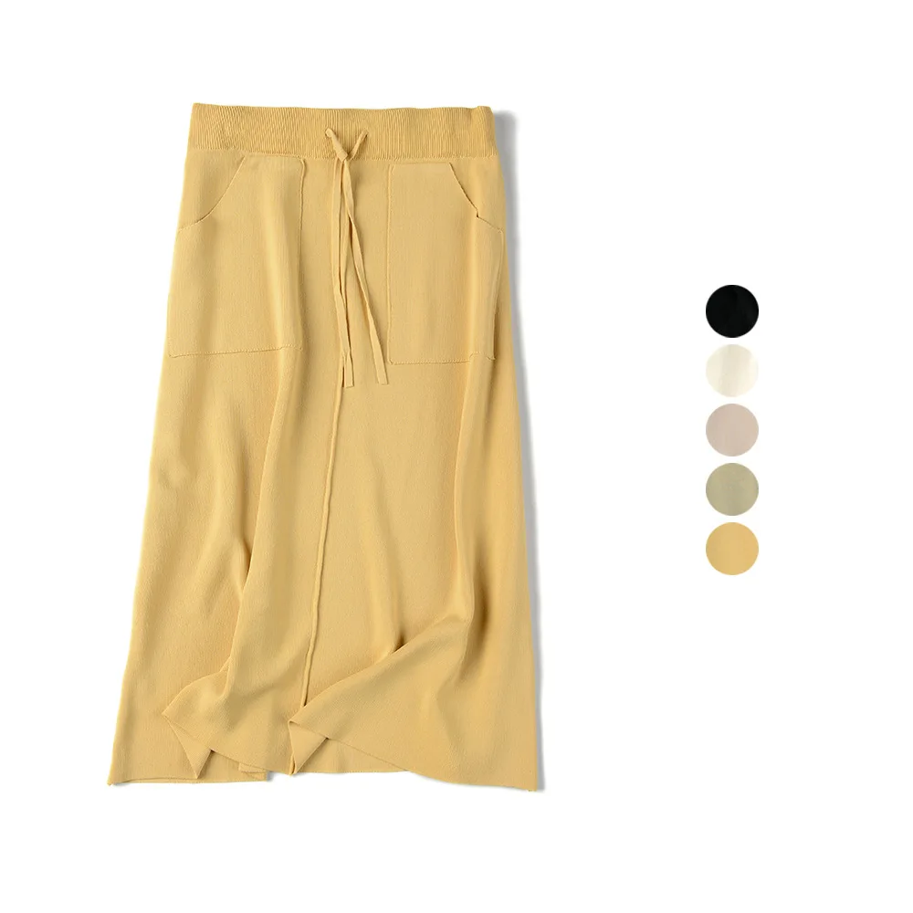 

Spring Summer Ice silk Women Elastic Knitted Skirts Korean Elegant Solid Color High Waist Package Hip Button Skirt Female Slim