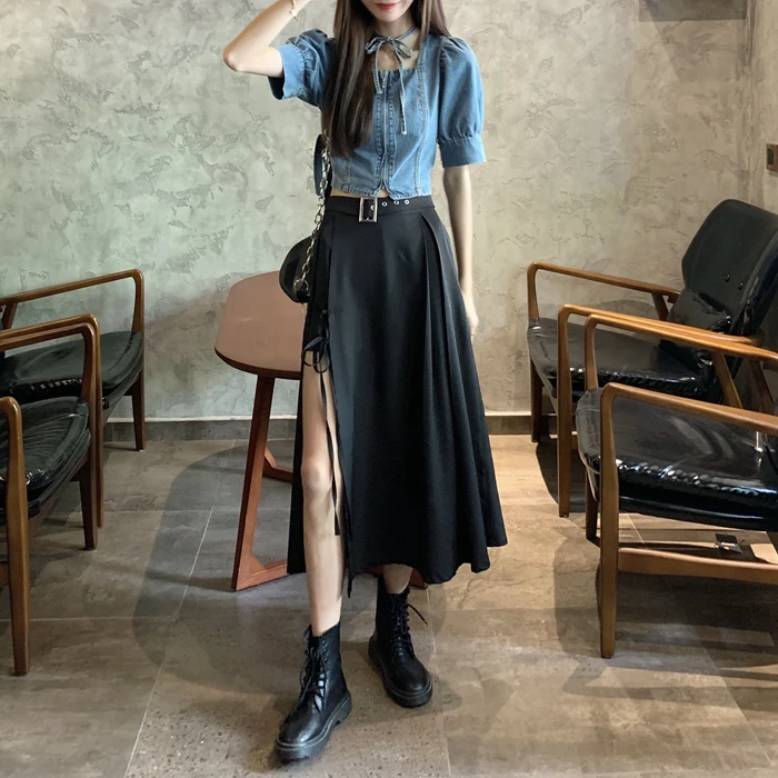 

2020 summer new drape belt straps irregular slit temperament skirt