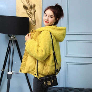 

Lingwave Lamb wool stitching winter women's jacket 2020 new hooded temperament loose fashion women's winter jacket