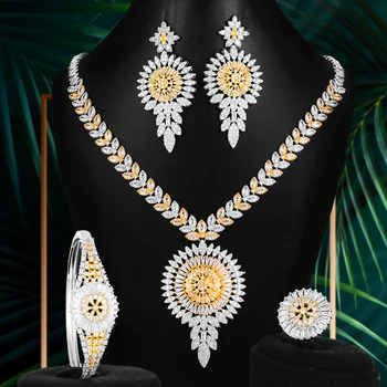 

New Trendy 4PCS Luxury Bicolor Round Jewelry Sets For Women Wedding African Indian Cubic Zircon Dubai Bridal Jewelry 2020