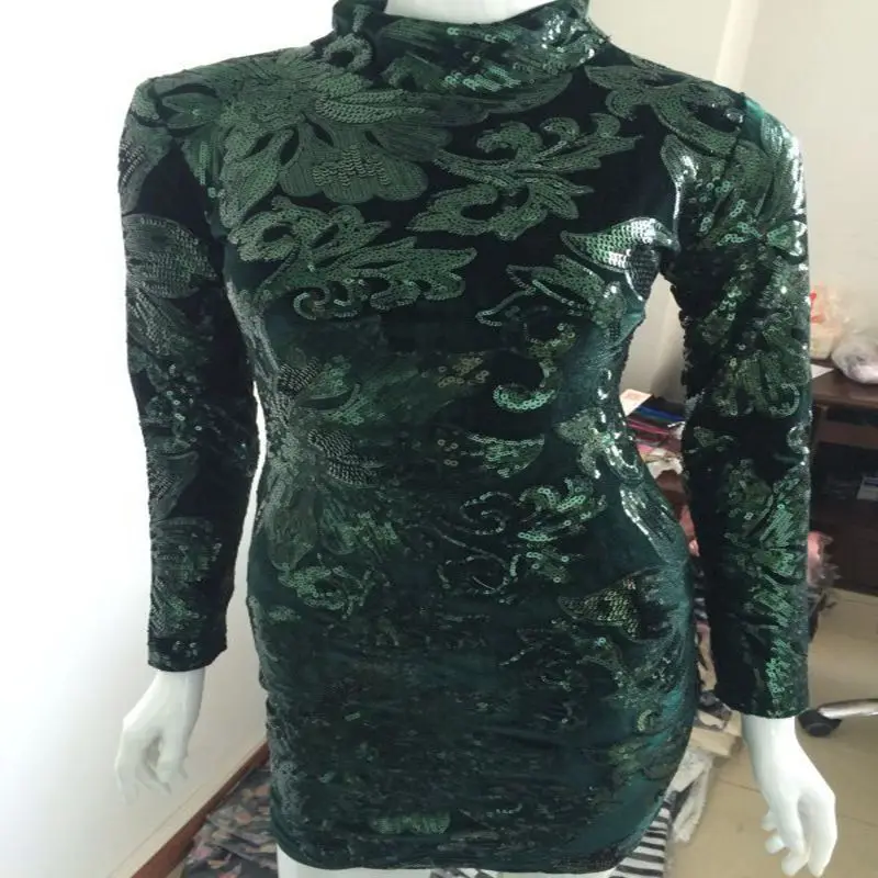 Для женщин Весна Сексуальная Bodycon вечерние платье сетка Бархат блестки Зеленый мини платье-футляр с принтом жакет на молнии с длинным рукавом, платье