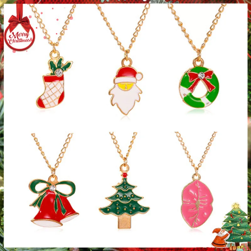 

7 Designs Enamel Bells Sock Leafs Tree Christmas Pendant Necklaces for Women Gold Chain Santa Claus Bowknot Chokers Necklaces