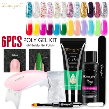

Limegirl 6pc/set Glitter Poly gel 15ml UV Builder Gel Nail Polish Lacquer Of Nail Extension Art Design All For Manicure Top Base