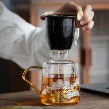 Ceramic Pine and Cypress Heat Resistant Glass Cup for Men and Women Tea Separation Tea Cup with Lid Filter Heat Resistant Cup