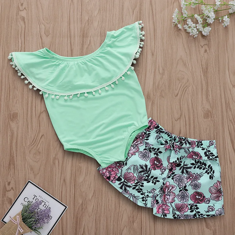 Summer Floral Baby Girl Short Sets Green Ruffle Sleeve Bodysuit Floral
