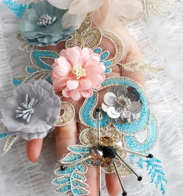 3D Flower Beads Embroidery Lace Applique Trim For Evening Skirt Clothes Lace Collar Patch Sewing On Decoration Accessories