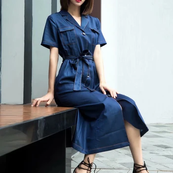 

Runway Tencel Denim Blue Pocket Single Breasted Belt Slim Elegant Dress Designer New Women'S Spring Summer High Quality New