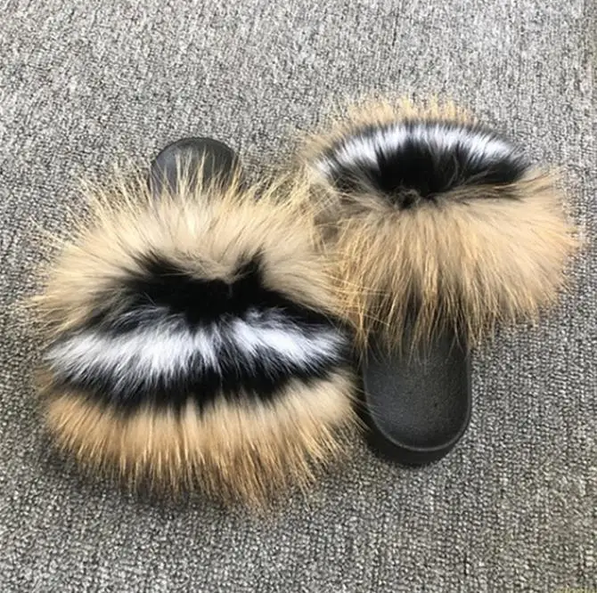 Real Raccoon Fur Slippers Women Sliders Casual Fox Hair Flat Fluffy Fashion Home Summer Big Size 45 Furry Flip Flops Shoes - Цвет: fox