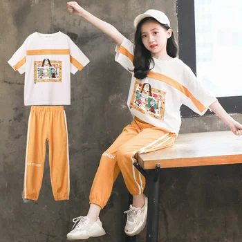 

Girls Clothes Sets 2020 summer Children cartoon tshirt+Pants 2PCS Sports Suit Kids Girl Clothing Tracksuit Outfits 6 8 10 12 Age