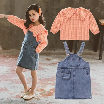 

Cute Baby Girls Sets Autumn New Doll Collar Plaid Shirts + Loose Denim Dresses 2pcs Kids Clothes Fashion Children Outfits