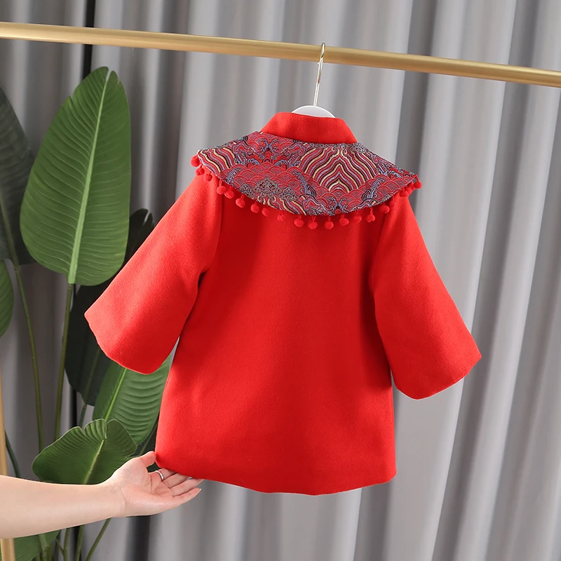 Hanfu/стеганое платье для девочек; зимнее теплое детское шерстяное платье; детское красное рождественское платье; одежда принцессы на год