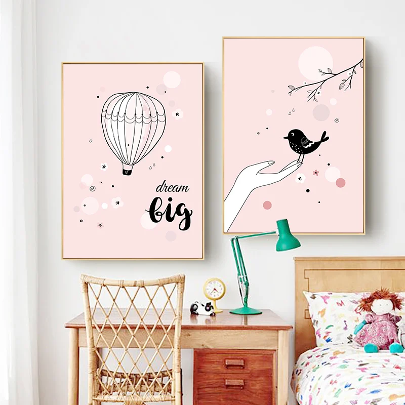 Nursery-Cartoon-Posters-Litter-Pink-Girl-Swing-Balloon-Canvas-Painting-For-Kid-s-Room-Wall-Decor