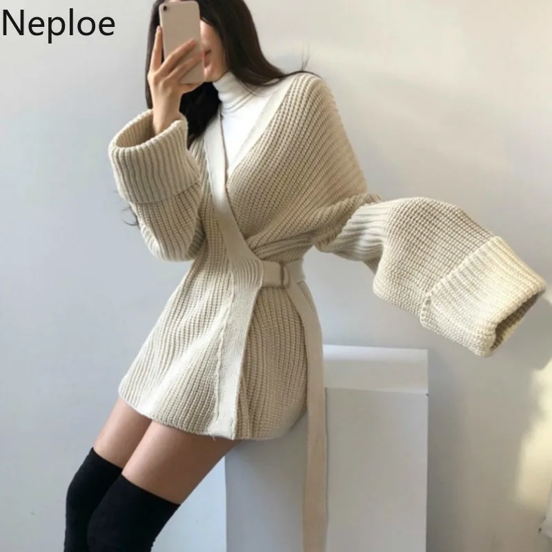 Neploe, шикарный, средней длины, свободный, Сумасшедший стиль, Sueter Mujer Inverno, v-образный вырез, тонкая талия, на шнуровке, однотонный, вязаный свитер, однотонный, для женщин, 47628