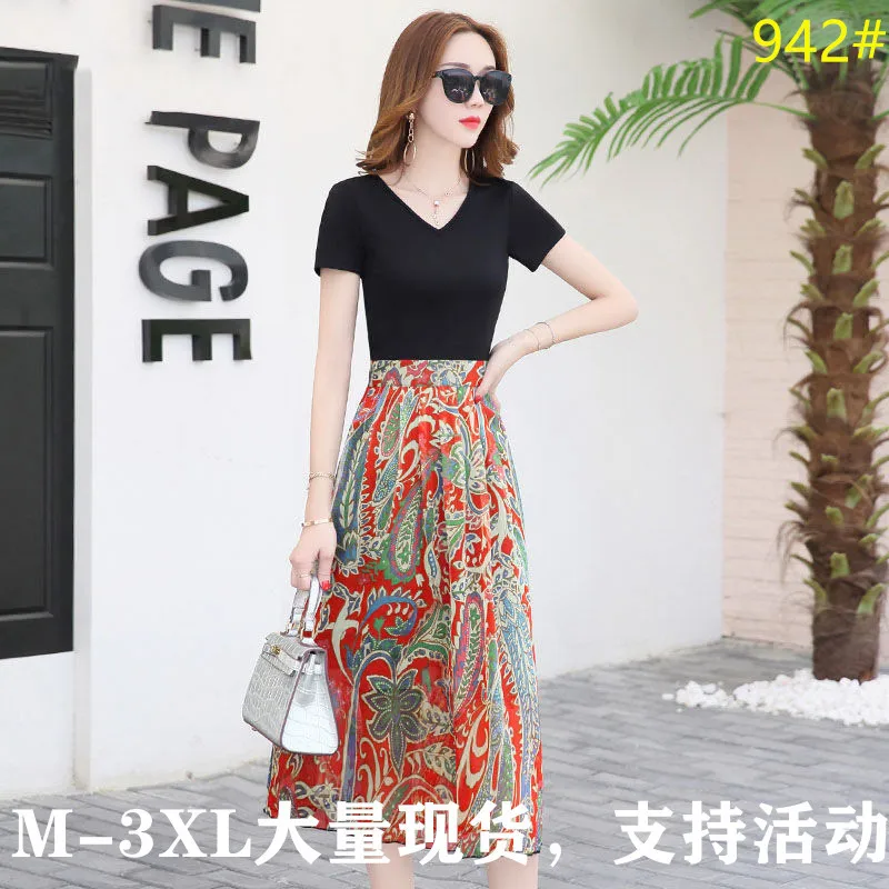 

942 # Women Dress 2019 Summer New Style Elegant Short Sleeve Popular Slimming V-neck Floral Summer Skirt