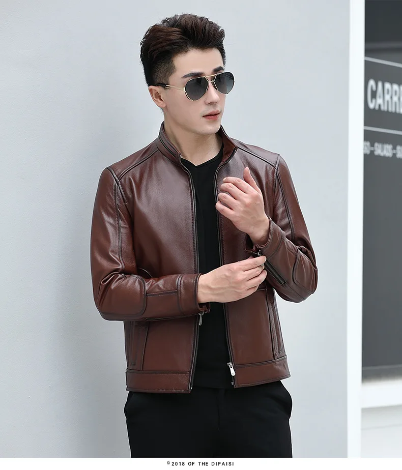 Натуральная кожа Одежда Мужская короткая первый слой кожаная куртка Slim Fit Стенд воротник Haining куртки весна и осень Молодежная Coa
