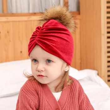 

Genuine Fur Ball Baby Hat for Girls Cap Pompom Baby Winter Hat Velvet Infant Beanie Kids Turban Hat 8 Colors Children Hats
