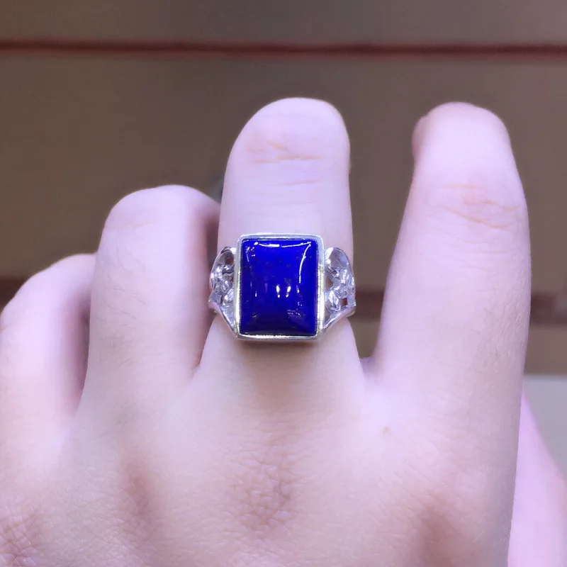 S925 чистое серебро инкрустированная натуральная Афганская lapis цветок квадратное отверстие кольцо выдалбливают Простой моды