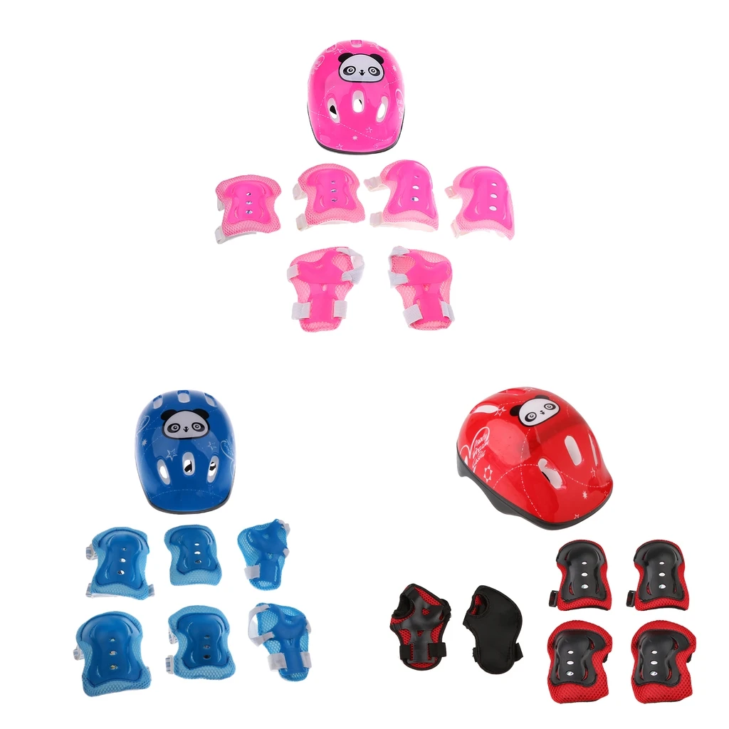 7 Pieces Kid Child Roller Skating Cycling Skateboard Scooter Helmet Knee Elbow Pad Wrist Guard Red/Blue/Pink
