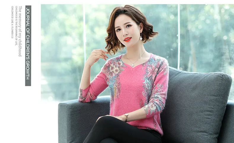 XJXKS, плюс размер, Модный женский свитер с v-образным вырезом, с принтом,, Осень-зима, высококачественный норковый кашемировый вязаный свитер, Женский пуловер