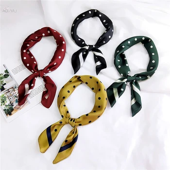 

AOMU Fashion Women Scarf Luxury Brand Striped Dots Print Hijab Pure Silk Shawl Scarfs Foulard Square Head Scarves Wraps 2019 New