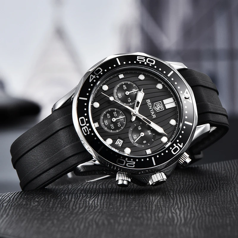 Benyar 5164 Mens Chronograph Watch - Black/Silver BENYAR Sport Watches For Men Top Brand Luxury Quartz Watches Mens 2022 Fashion Chronograph Military Watch.jpg Q90.jpg