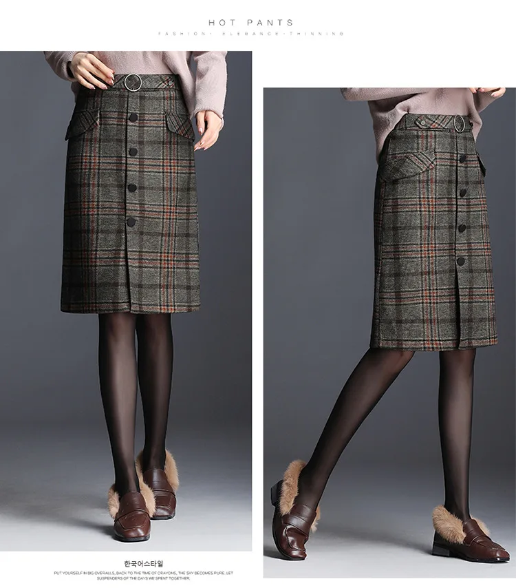 Lxmth, Женская шерстяная юбка, женская тонкая, английский стиль, Осень-зима, шерстяные юбки размера плюс, клетчатая прямая юбка, большой размер 4XL
