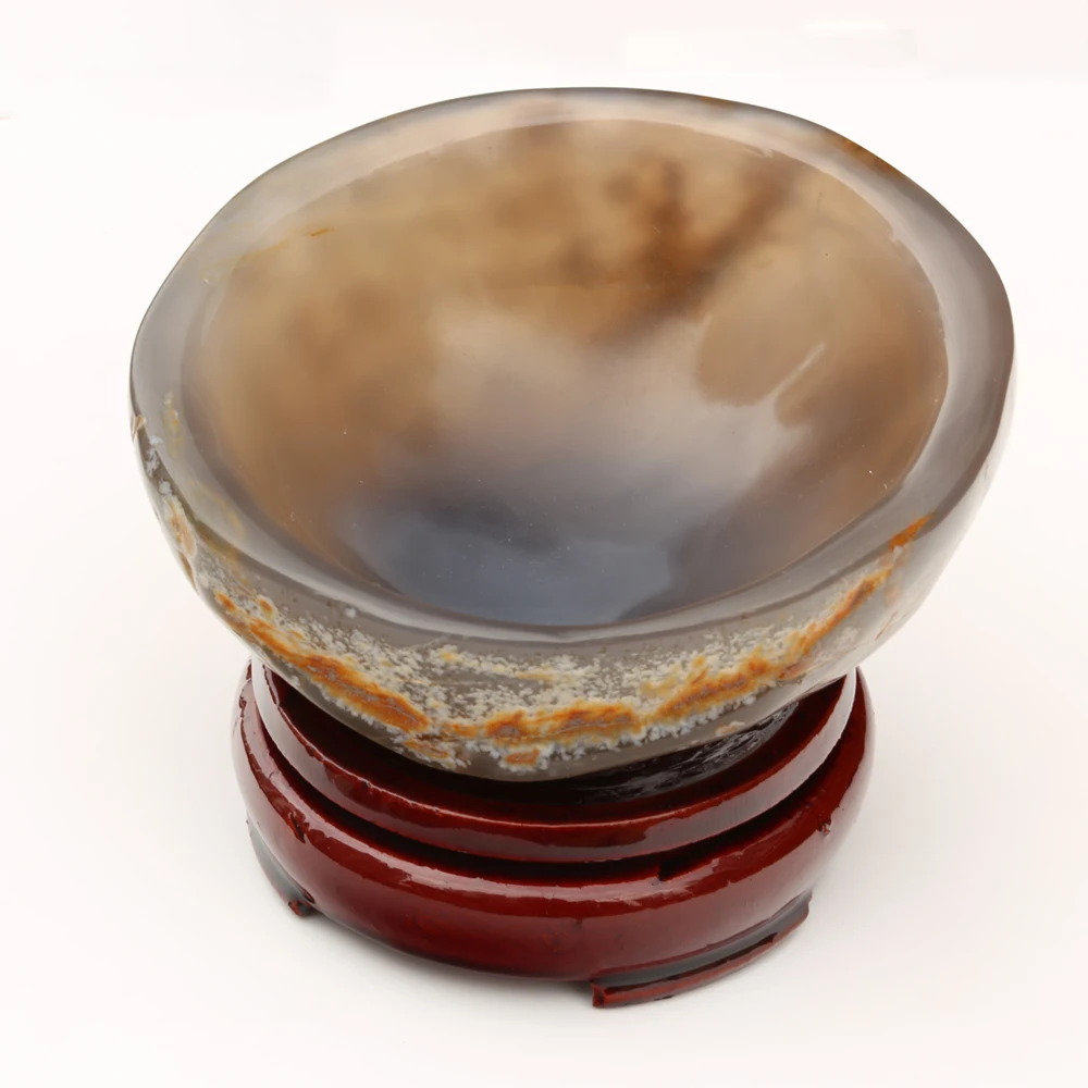 

Natural Agate Bowl Raw Quartz Asian Crystal Mineral Stones Rough Rock Ashtray Decorative Flower Pots Gift With Wooden Stand Base