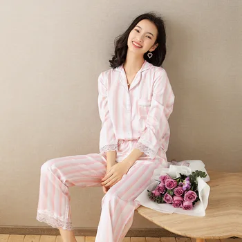 

new spring and summer 2020 ms emulation silk satin printed pollen striped pants long sleeve cardigan leisurewear suit