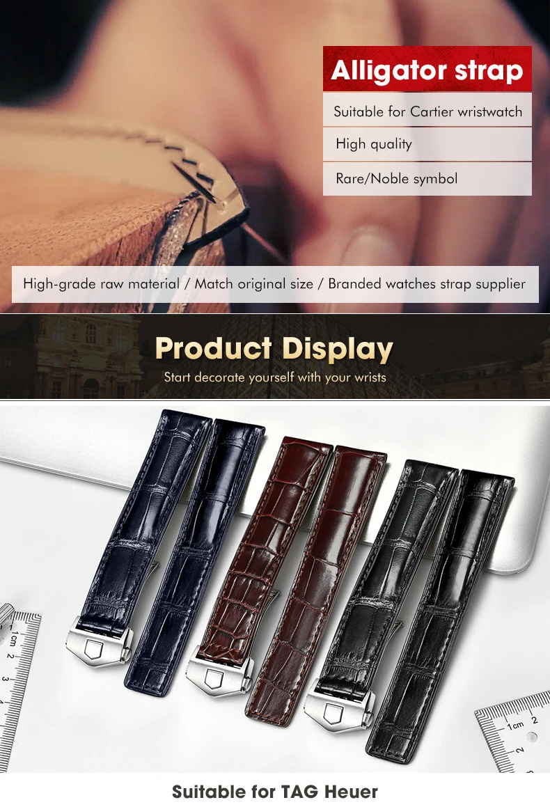 Genuine Leather Watch Band High Quality Crocodile pattern Replacement Butterfly buckle Watch Straps 19 20 22 mm Watchband