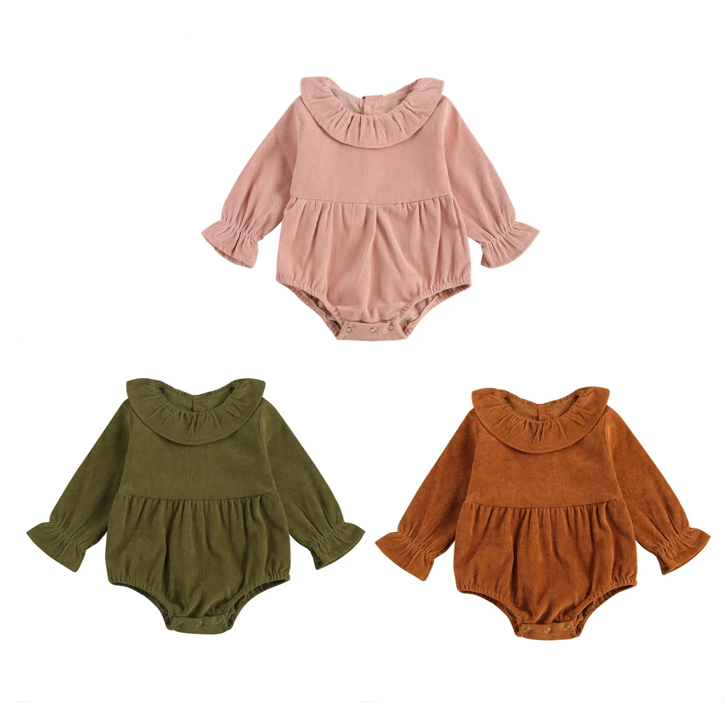 

2020 New Fall Autumn 0-24M Toddler Baby Girl Ruffled Collar Back Buttons Lantern Long Sleeve Bodysuit Corduroy Cotton Outfit