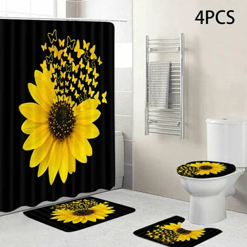 

3/4PCS Sunflower Butterfly Print Bathroom Shower Curtain Toilet Cover Decor Easy Absorb Water Good Slip Resistance