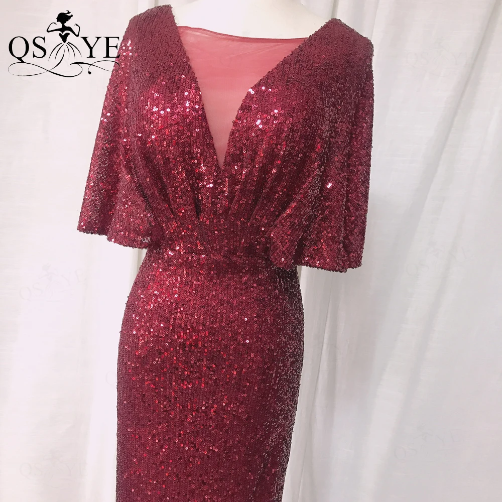 QSYYE Gold Evening Dresses Mermaid Short Sleeves Sexy V Neck Cheap Evening Gown Glitter Elegant Party Dress Bat Sleeves Formal evening wear dresses Evening Dresses