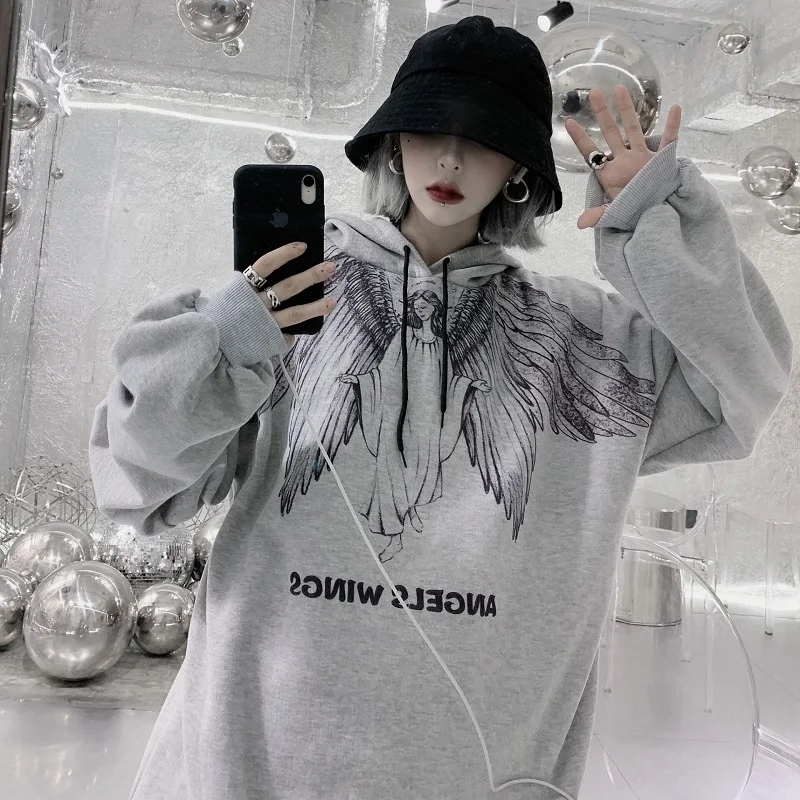 Gothic Women's Sweatshirts Gothic Dark Style Angel Print Casual Ulzzang Hoodies Retro Street Long Sleeve Fashion Clothing - Цвет: Grey