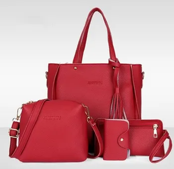

4Pcs/Set Elegant Tassel Litchi Pattern Women Handbag Luxury Tote Shoulder Bag Ladies PU Leather Female Messenger Bucket Bag
