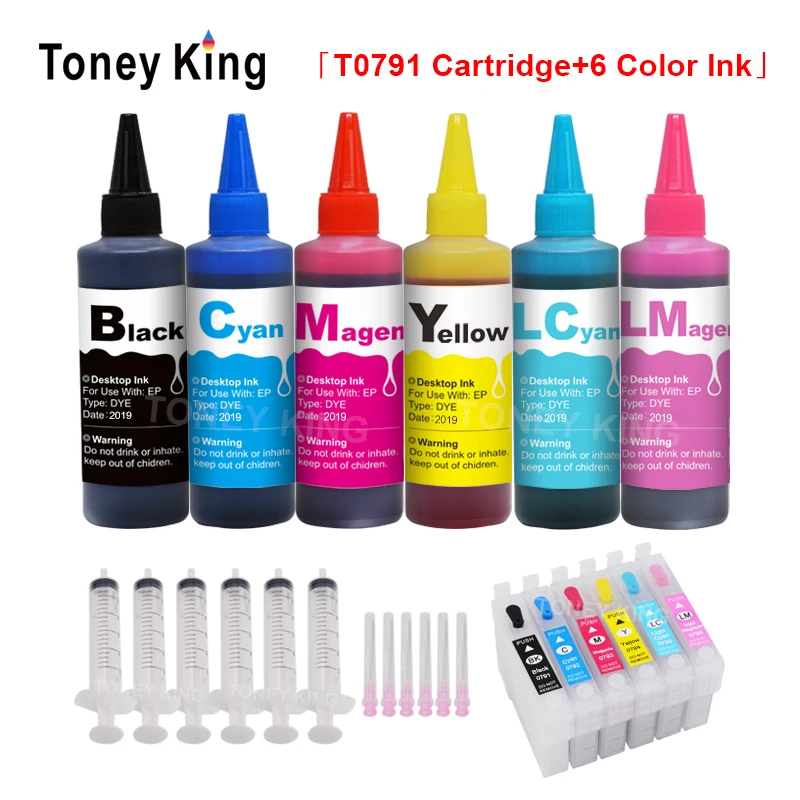 Toney King 600ml Bottle Ink + 6 Color T0791 Refillable Printer Cartridges For Epson Artisan 1430 PX650 660 660+ 700W 710W | Компьютеры и