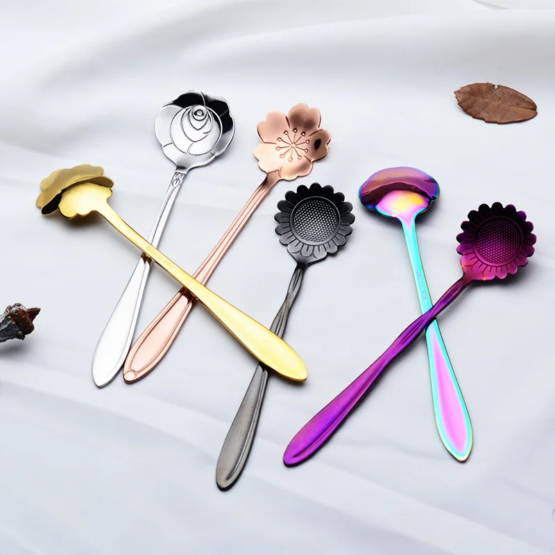 304 Stainless Steel Flower Spoon Sub-Cherry Blossom Rose Sunflower Colorful Titanium Plated Gold Purple Tableware Dessert Spoon