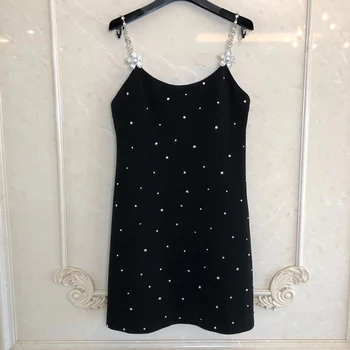 

Women Sexy Mini Dress Summer Black Spaghetti Strap Casual Dress Female New Fashion Diamonds Dress