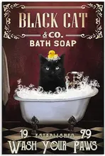 

Metal Sign Black Cat Bath Soap Home Interior Bathroom Vintage Retro Wall Art Deco Poster Square Metal Sign 8X12 Inches