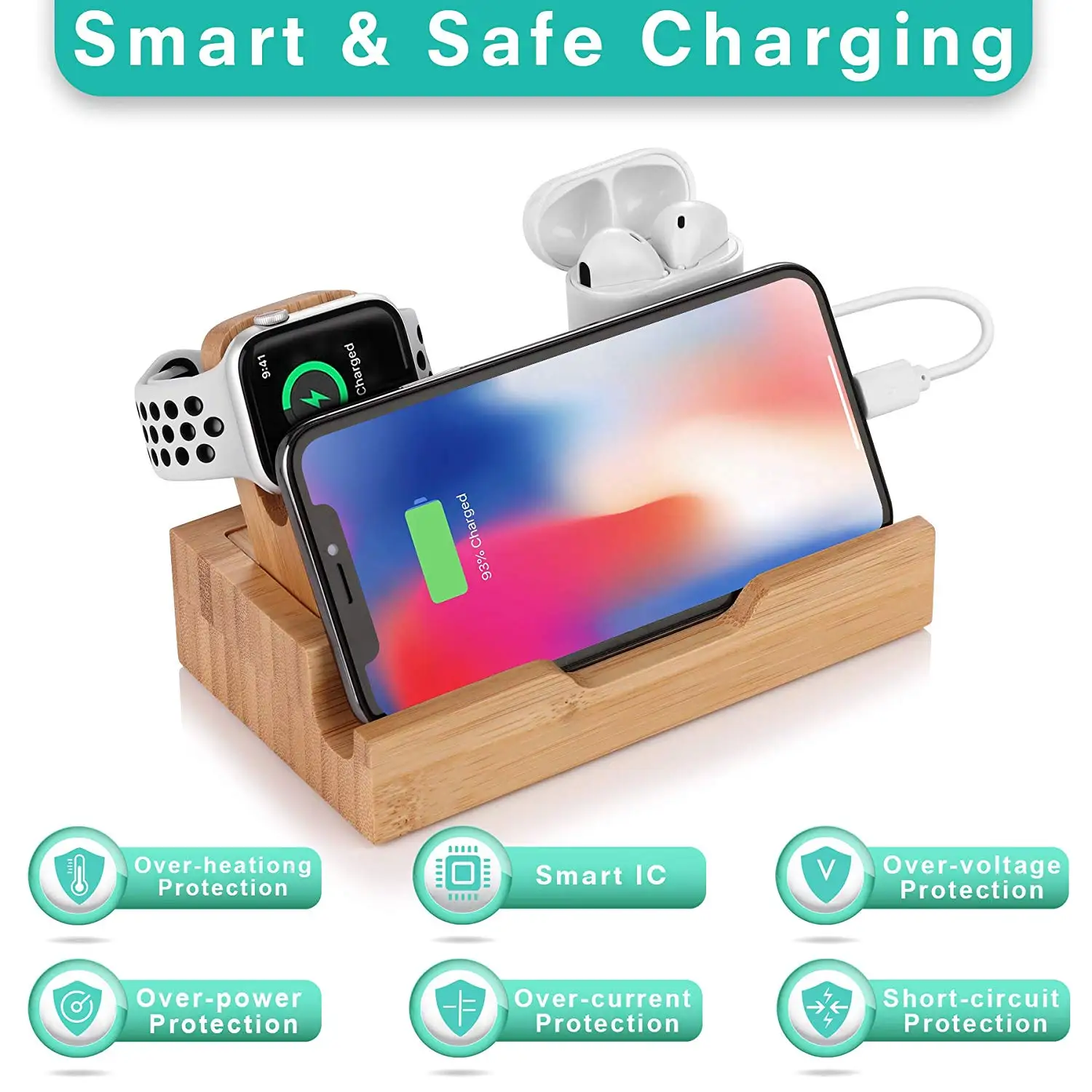Зарядка через usb станция для Apple, вентиляторы, 15 W Быстрый Зарядное устройство бамбук Совместимость с iPhone Plus/8/7/vista, Подставка для зарядки