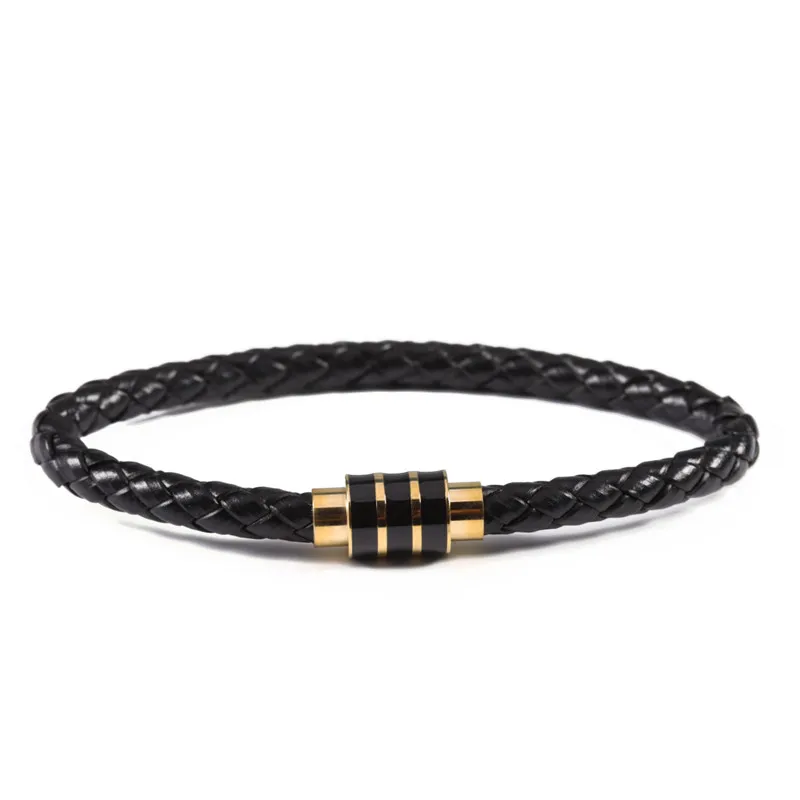 Gold Black Черный Винтаж из натуральной кожи плетеный кожаный браслет Для мужчин Для женщин Нержавеющая сталь Магнитная застежка мужской браслеты для щиколоток, для панков, ювелирные изделия - Окраска металла: Gold Black