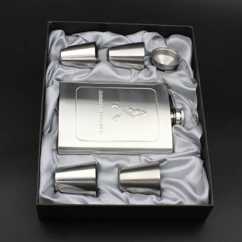 Factory Direct Selling Logo Imprint 8-Ounce Stainless Steel Flagon Business Gift Set White Spirit Bottle Camping Kettle
