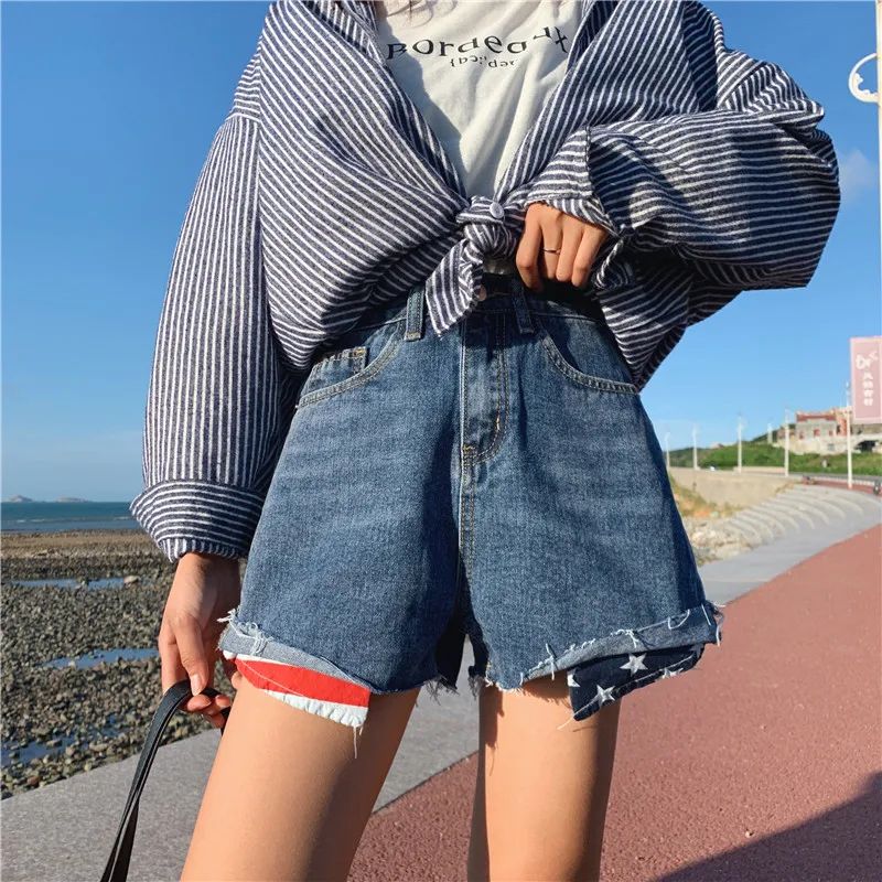 S-xl 2 цвета летние шорты с высокой талией feminino джинсовые шорты с карманами лоскутные джинсы женские повседневные шорты(Z6631