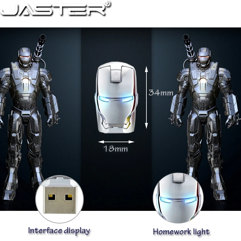 JASTER USB 2,0 Ironman USB флеш-накопитель 4 ГБ 8 ГБ 16 ГБ 32 ГБ 64 ГБ USB 2,0 флеш-накопитель Флешка металлическая ручка привод синий светодиодный светильник
