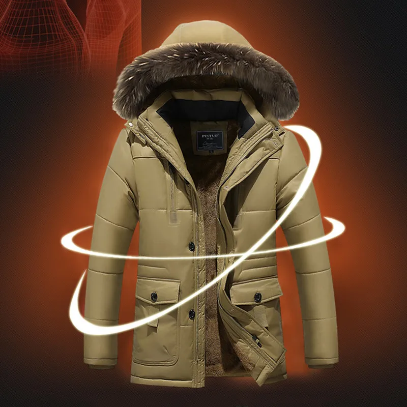 Горячая зима новые куртки и пальто мужские толстые с капюшоном меховой воротник парка мужские флисовые куртки теплые пальто Мужская брендовая одежда верхняя одежда