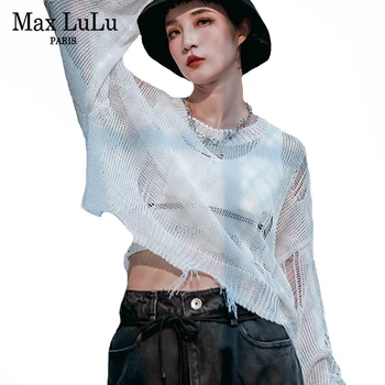 

Max LuLu 2020 Korean Designer Autumn New Ladies Knitted Pullovers Womens Casual Loose Sweaters Mesh Sexy Holes Clothes Plus Size