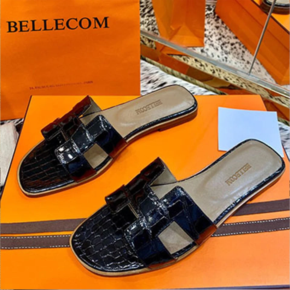 

BELLECOM 2019 Summer New Colour-Matching Women's Outside Slippers Fashion H Crocodile Skin Flat-soled Slippers