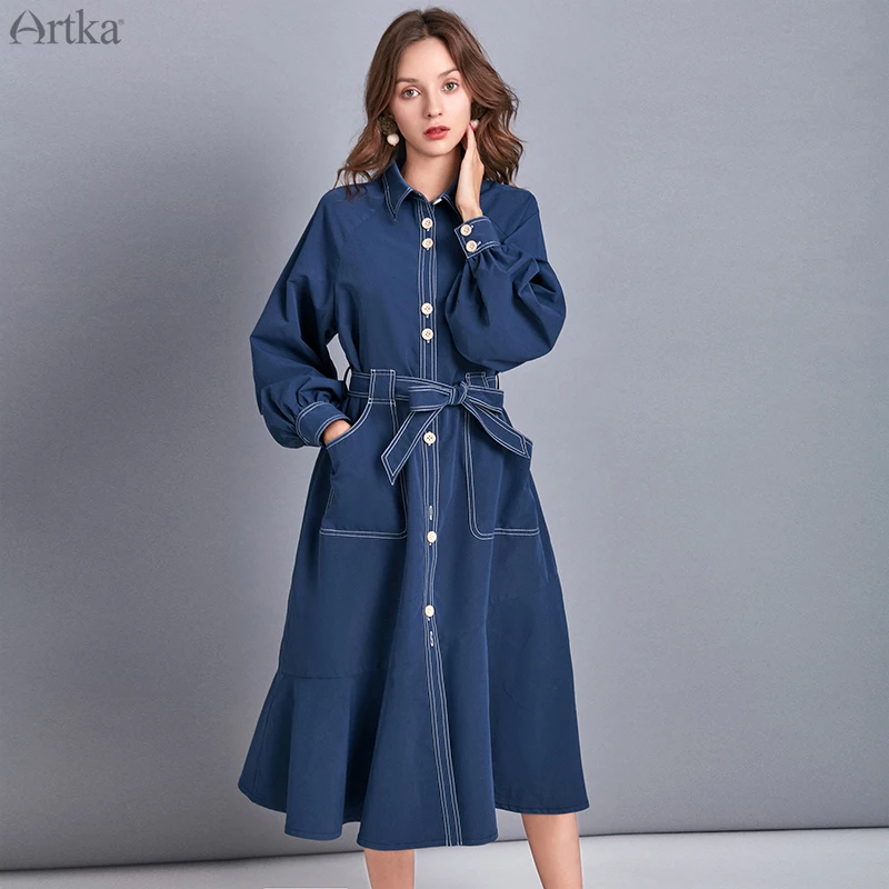 ARTKA осеннее Новое Женское платье винтажное с рукавами-фонариками платья однобортное джинсовое платье с отложным воротником и поясом LA10296Q
