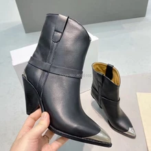 Г., ботильоны из натуральной кожи женские ботинки на необычном высоком каблуке с металлическим декором, острым носком, заклепками и кисточками Модные женские Ботинки martin